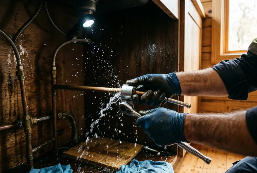 Plumber attending an urgent pipe repair at a Blue Mountains home